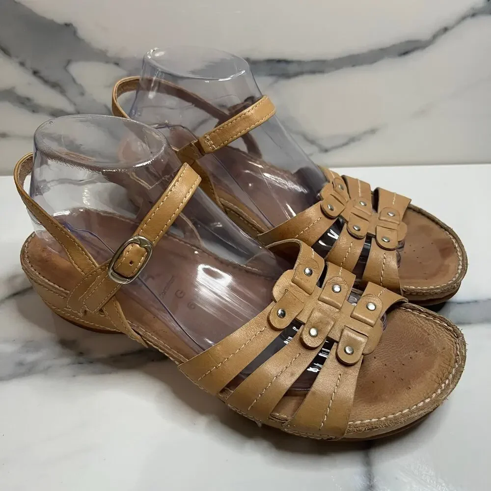 Gabor Womens Tan Leather Low Wedge Sandals US Sz 9 Strappy Comfort Festival Boho